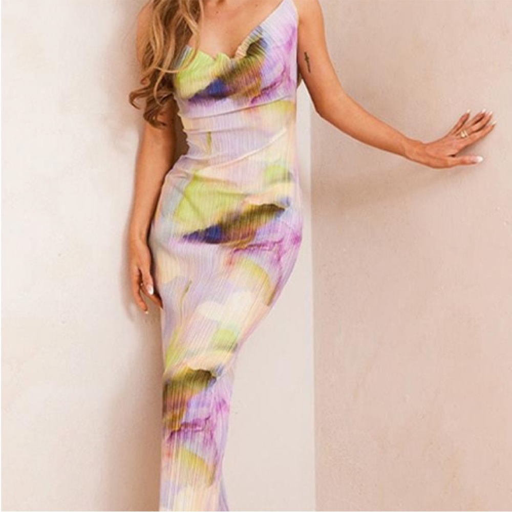 PRETTY LITTLE THING MULTI PASTEL WATERCOLORS LONG COWL NECK DRESS SIZE 8 NWOT